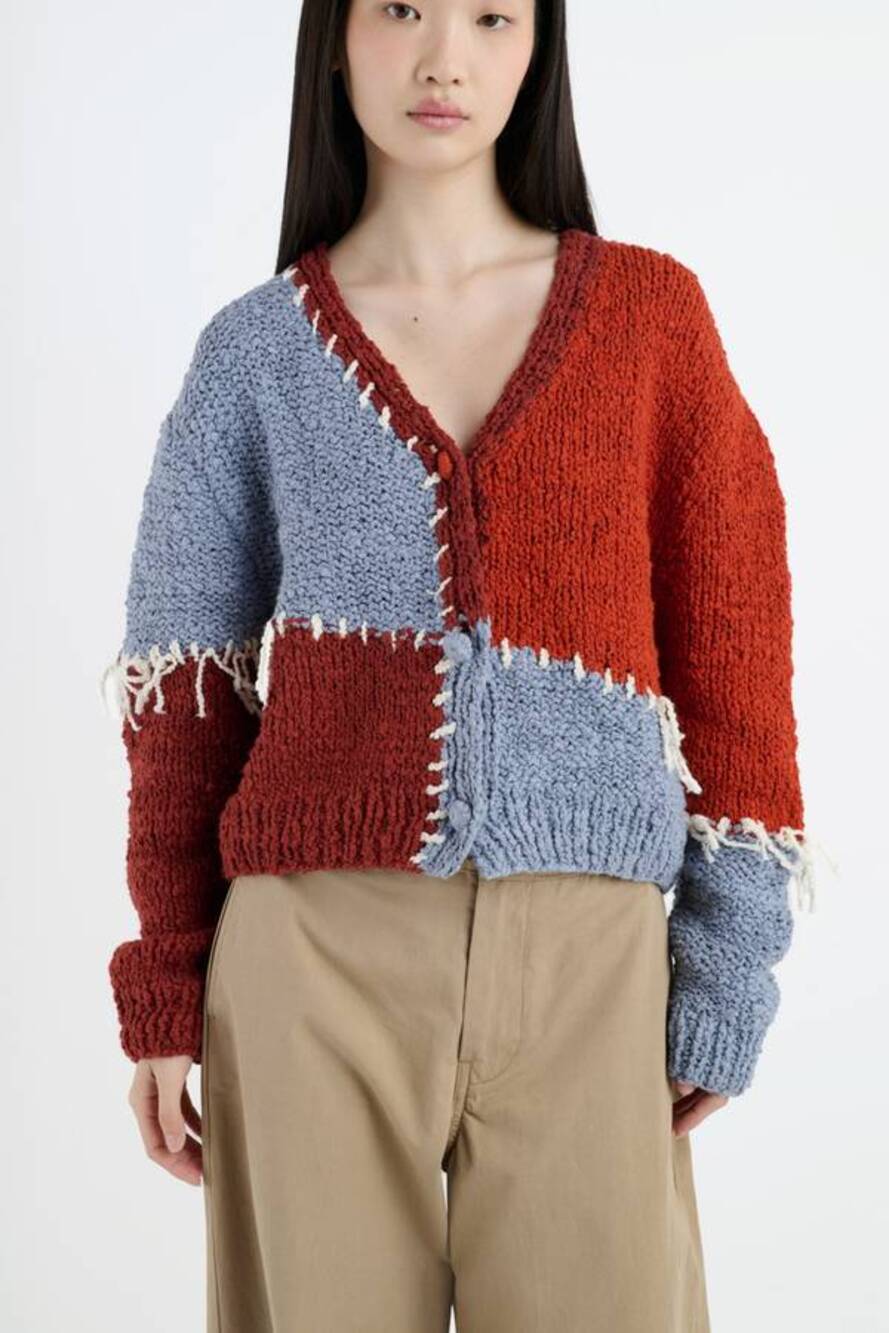 The Elder Statesman Patchwork Boucle Cardigan Sweater in Earth Multi S